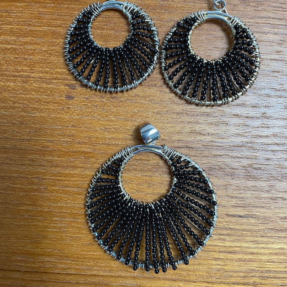 NEW Sterling & Black Beaded Pendant&Earrings